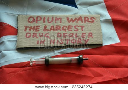 British history.Opium Wars.Concept.British Flag background. April 9, 2018 in Kiev,Ukraine