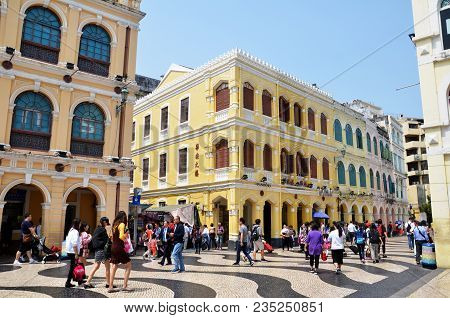 Macau, China- Mar 31, 2018: Historic Centre Of Macau-senado Square In Macau China. The Historic Cent