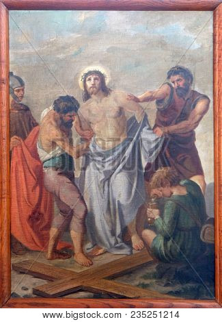 SISAK, CROATIA - DECEMBER 07: 10th Stations of the Cross, Jesus is stripped of His garments, Church of Visitation of the Virgin Mary in Sisak, Croatia, on December 07, 2017.