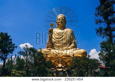 Statue Of Big Golden Sitting Buddha In Dalat, Vietnam