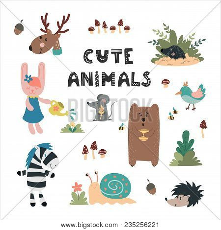 Cute Wild Animals Hand Drawn Set. Bear, Rabbit, Mole, Owl, Deer, Snail, Mouse. Design For Children's