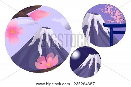 Set Of The Fuji Illustration. Day, Evening And Night Landscape. Sakura Branch. 
Eps 10. Transparent 