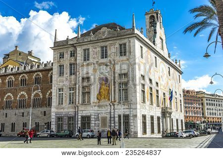 Genoa, Italy - March 3, 2018: Unidentified People By Palazzo San Giorgio In Genoa, Italy. Palace Was