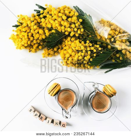 Yellow Mimosa Bouquet On Pink Background, The Symbol Of Spring A