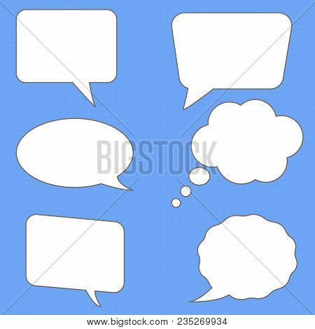 White Speech Bubbles On Blue Background. Flst Style. Blank Empty Speech Bubbles For Your Text. Set P