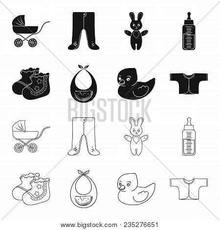 Socks, Bib, Toy Duck, Raspashonka.baby Born Set Collection Icons In Black, Outline Style Vector Symb