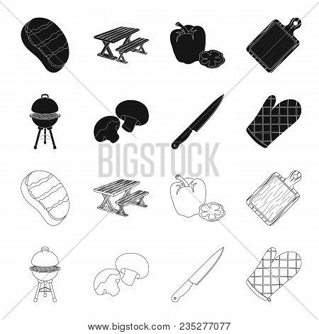 Barbeque Grill, Champignons, Knife, Barbecue Mitten.bbq Set Collection Icons In Black, Outline Style