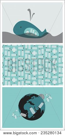 Set Of Three Illustrations With Ecological Theme: Plastic Bottles Pollution Issue