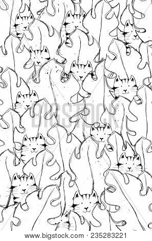 Cute Cats Hiding Behind The Palm Leaves. Art Design For Coloring Book For Adult Or Children, Anti St