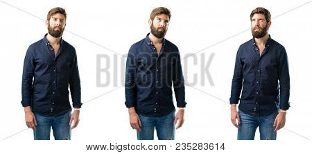 Young man with beard making funny face fooling isolated over white background