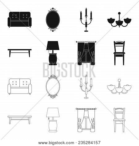 A Coffee Table, A Lamp, Curtains, A Chair.furniture Set Collection Icons In Black, Outline Style Vec