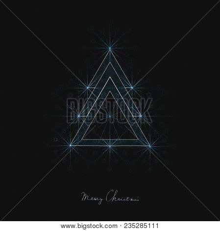 Stylized Christmas Tree With Blue Luminiscent Lights. German Text Merry Christmas. Greeting Card.