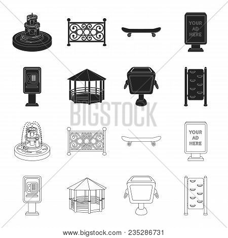 Telephone Automatic, Gazebo, Garbage Can, Wall For Children. Park Set Collection Icons In Black, Out