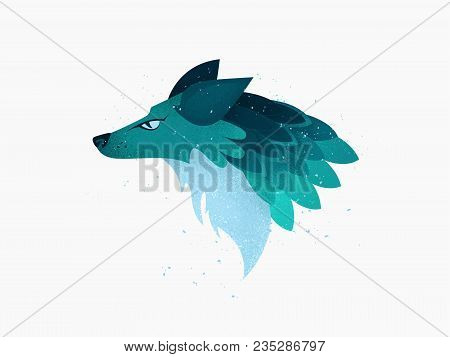 Illustration: A Head Of Imaginary Wolf Or Fox Or Dog Animal In Blue And Turquoise Colors With Shades