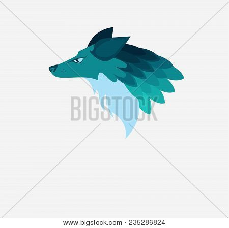 Vector Illustration: A Head Of Phantasy Wolf-like Animal In Blue And Turquoise Colors. White Backgro