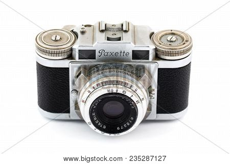 Springfield, Or - April 6, 2018: Paxette 35mm Film Camera Against An Isolated White Background In St