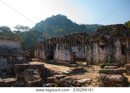 Palenque, Chiapas, Mexico: Archaeological Site With Mountains In The Background. Landscape Of The An