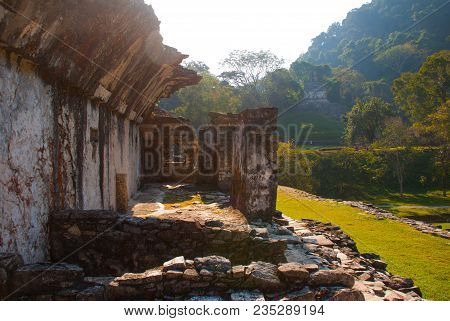 Palenque, Chiapas, Mexico: Archaeological Site With Mountains In The Background. Landscape Of The An