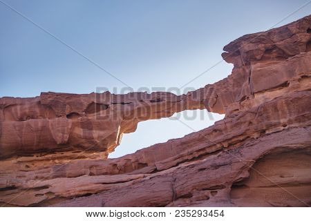 Wadi Ram Deser. Rock Arch. Stone Bridge. Jordan Landmark