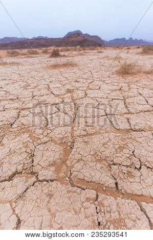 Dry Soil. Wadi Ram Cracked Desert. Jordan Landscape