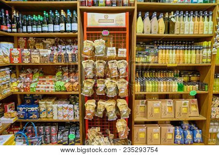 ROME, ITALY - CIRCA NOVEMBER 2017: shelves in a grocery store in Rome.