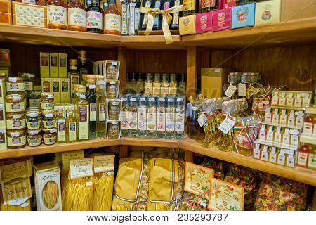 ROME, ITALY - CIRCA NOVEMBER 2017: shelves in a grocery store in Rome.