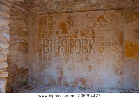 Palenque, Chiapas, Mexico. Ancient Mayan Carved Relief With In Temple Ruins. The Famous Archaeologic