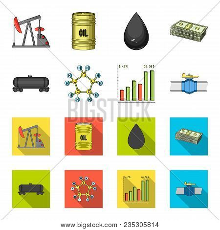 Railway Tank, Chemical Formula, Oil Price Chart, Pipeline Valve. Oil Set Collection Icons In Cartoon