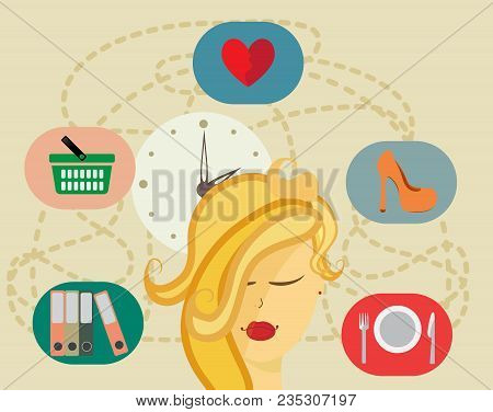 Vector Woman Charakter With Flat Icons. Life Balance.