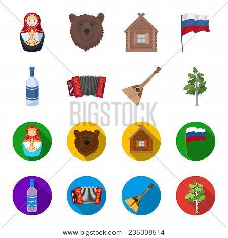 Russia, Country, Vodka, Accordion .russia Country Set Collection Icons In Cartoon, Flat Style Vector