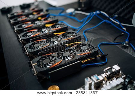 Gpu Cards Preparing To Mine Cryptocurrency, Devices On Mining Rig. Bitcoin.
