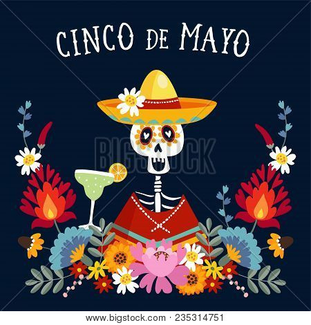 Cinco De Mayo Greeting Card, Invitation With Mexican Skeleton With Sombrero Hat Drinking Margarita C