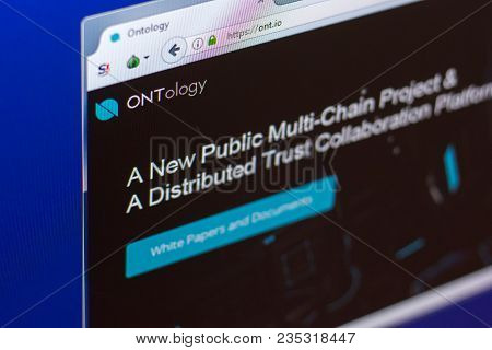 Ryazan, Russia - March 29, 2018 - Homepage Of Ontology Cryptocurrency On Pc Display.