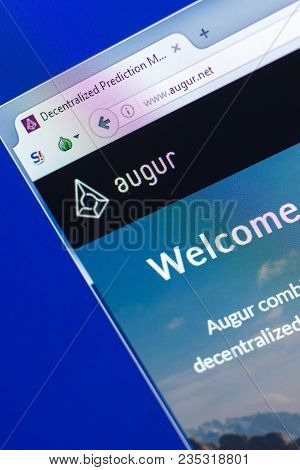 Ryazan, Russia - March 29, 2018 - Homepage Of Augur Cryptocurrency On The Pc Display, Homepage - Aug