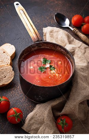 Tomato Soup Gazpacho In Stewpan. Selective Focus