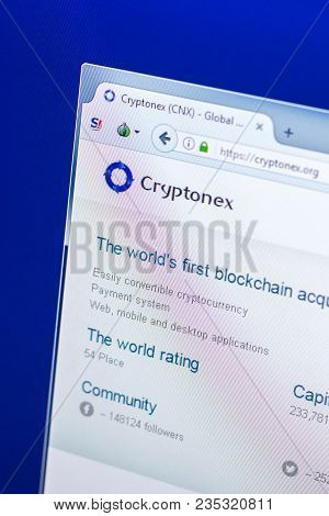 Ryazan, Russia - March 29, 2018 - Homepage Of Cryptonex Cryptocurrency On A Pc Display, Web Address 