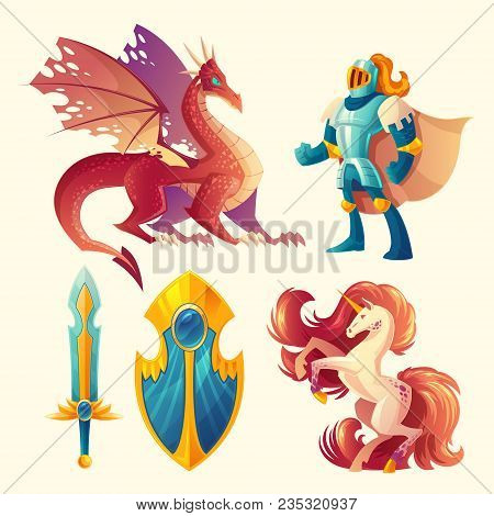 Vector Set Of Fantasy Game Design Objects Isolated On White Background. Knight In Armor, Red Dragon,