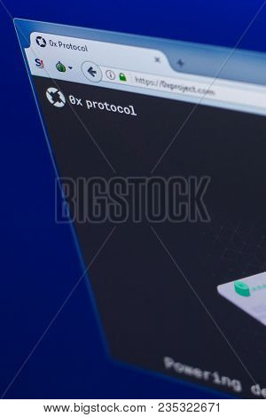 Ryazan, Russia - March 29, 2018 - Homepage Of 0x Cryptocurrency On The Pc Display, Web Address - 0xp