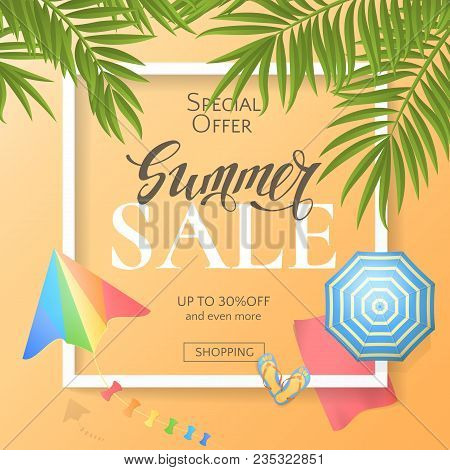 Vector Summer Sale Banner With Top View Of Palm Leaves, Kite, 3d Realistic Beach Umbrella, Towel And