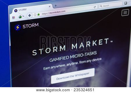 Ryazan, Russia - March 29, 2018 - Homepage Of Storm Crypto Currency On The Display Of Pc, Web Addres
