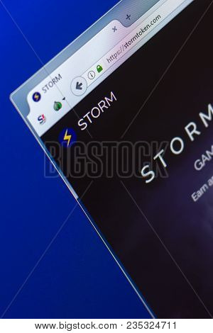Ryazan, Russia - March 29, 2018 - Homepage Of Storm Crypto Currency On The Display Of Pc, Web Addres
