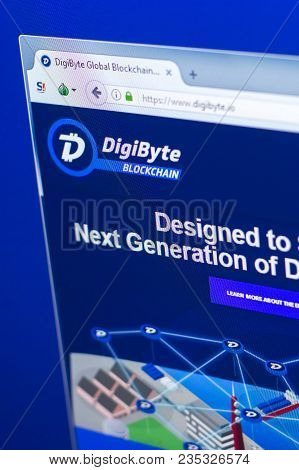 Ryazan, Russia - March 29, 2018 - Homepage Of Digibyte Crypto Currency On The Display Of Pc, Web Add