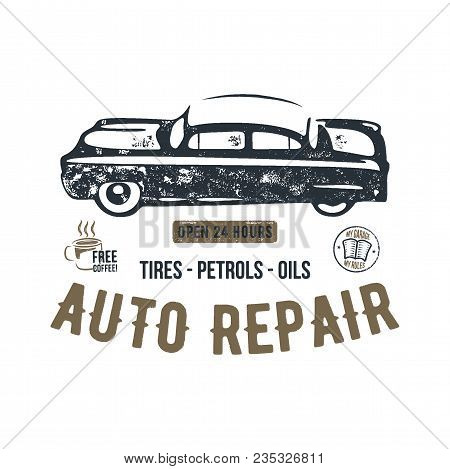 Vintage Hand Drawn Auto Repair T Shirt Design. Classic Car Poster With Typography. Auto Industry Tee