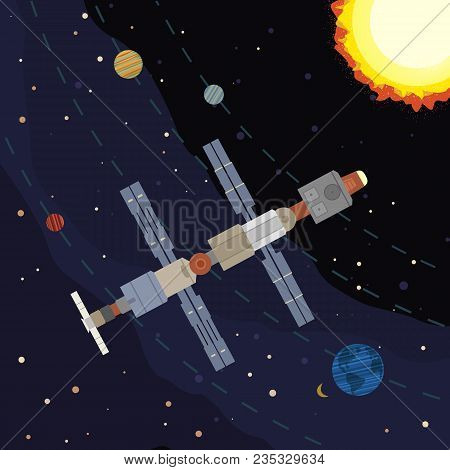 Outer Space Poster. Satellite Flight. Colorful Abstract Cartoon. Cosmic Universe Travel. Space Stati