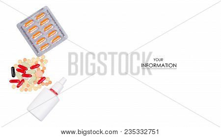 The Pills Capsule Medicine Spray Nose Nazal Pattern On White Background Isolation