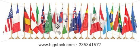 G20 Meeting Concept, Row From Flags Of All Members G20. 3d Rendering Isolated On White Background