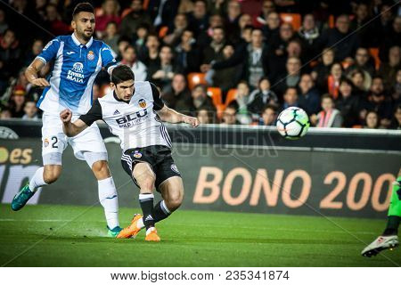 VALENCIA, SPAIN - APRIL 8: Guedes with ball during Spanish La Liga match between Valencia CF and RCD Espanyol at Mestalla Stadium on April 8, 2018 in Valencia, Spain