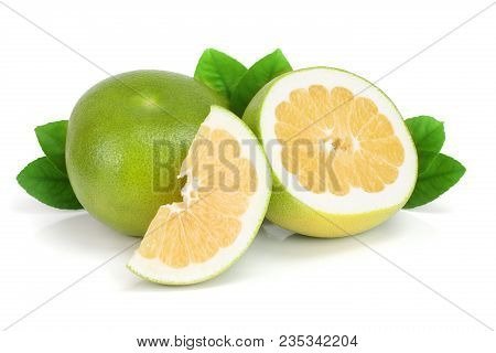 Citrus Sweetie Or Pomelit, Oroblanco With Slices And Leaf Isolated On White Background Close-up.