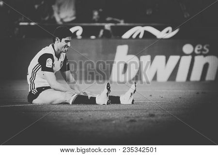VALENCIA, SPAIN - APRIL 8: Guedes during Spanish La Liga match between Valencia CF and RCD Espanyol at Mestalla Stadium on April 8, 2018 in Valencia, Spain