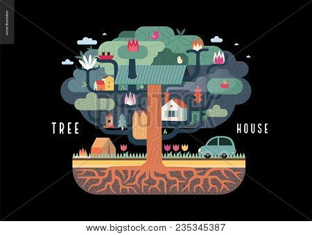 Tree House Concept - A Tree With Houses, Birds, Nest, Flowers And Birdhouse On It, A Car And Tent Wi